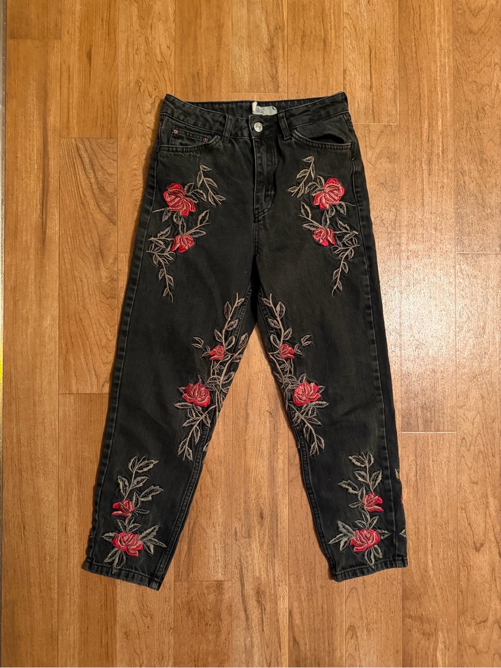 Topshop Black Boyfriend Jeans with Red Rose Embroidery